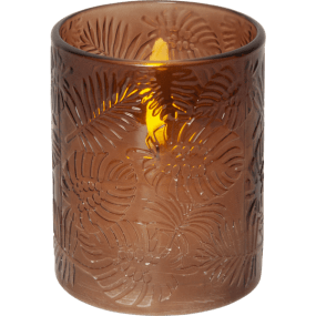 LED Ljus Flamme Leaf Brun från Star Trading - Flamme Leaf &auml;r en glaslykta med batteriljus gjord av brunt glas med l&ouml;vm&ouml;nster i relief runt ett vitt vaxljus.