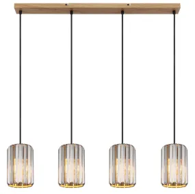 Run 88cm Rökfärgad från Globo Lighting - Kombinationen av metall i träutseende och de fyra skärmarna med rökfärgade K5-kristaller ger en harmonisk ljusspridning och en sofistikerad känsla.