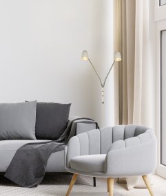 Sandnes 2 Vit golvlampa från Aneta Lighting - Med tv&aring; flexibla armar &auml;r den perfekt som l&auml;slampa och har tv&aring; separata str&ouml;mbrytare med inbyggd dimmer, vilket m&ouml;jligg&ouml;r justerbar ljusstyrka efter behov.