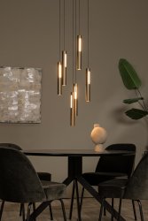 Griffith Ø38 Brons taklampa från Lucide - Lampan best&aring;r av 6 pendlar med en integrerad dimmer f&ouml;r att justera ljusstyrkan via en touch-sensor p&aring; lampan.