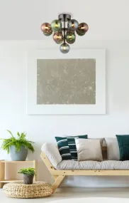 Grappy Ø56 Flerfärgad från Globo Lighting - Den svarta, kromade metallstommen ger en modern touch, medan lampskärmen pryds av en harmonisk blandning av brons-, gröna och petrolfärgade glasklot.