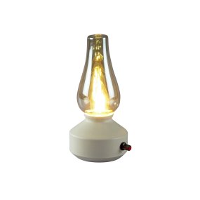 Laddbar bordslampa 25cm Vit portabel från Konstsmide - Lampan &auml;r tillverkad av metall och glas med en vit lampfot och en praktisk dimmer som g&ouml;r det enkelt att justera det varmvita, st&auml;mningsfulla skenet.
