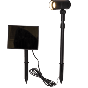 Powerspot Svart solcellslampa från Star Trading - Spotlighten med sitt markspett och l&aring;nga sladden till panelen g&ouml;r den enkel att placera i direkt solljus vilket &auml;r n&ouml;dv&auml;ndigt f&ouml;r att ladda batterierna.