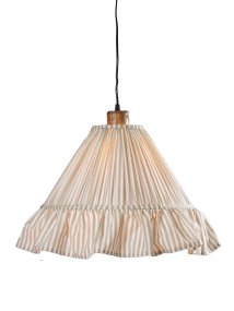 Estrid Ø40 Beige taklampa från PR Home - Lampsk&auml;rmen &auml;r kl&auml;dd i randigt textil och har en l&auml;tt konisk form som avslutas med en gener&ouml;s volang nedtill.