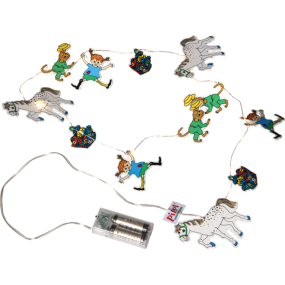 Pippi Flerfärgad barnlampa från Star Trading - Pippi med sin kapps&auml;ck p&aring; rad ihop med Herr Nilsson och Lilla gubben.