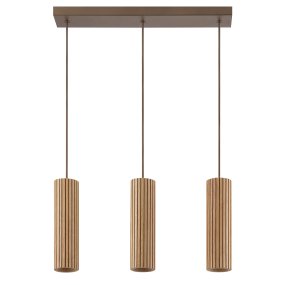 Lakewood 50cm Trä taklampa från Brilliant - Lakewood takpendel kombinerar brun metall med tre cylinderformade sk&auml;rmar i ljust, ribbat tr&auml; f&ouml;r ett varmt och stilrent uttryck.