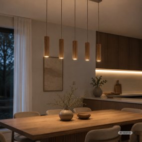 Lakewood 95cm Trä taklampa från Brilliant - Lakewood takpendel kombinerar brun metall med fem cylinderformade sk&auml;rmar i ljust, ribbat tr&auml; f&ouml;r ett varmt och stilrent uttryck.