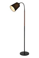 Ljusdal 1 Svart golvlampa från Aneta Lighting - Den svarta metallfoten kombineras med en elegant detalj i valn&ouml;tsfinish och en svart textilsk&auml;rm som ger ett mjukt och behagligt ljus.