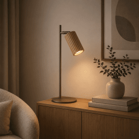 Lakewood 46cm Brun skrivbordslampa från Brilliant - Lakewood bordslampa kombinerar brun metall med ljust, ribbat tr&auml; och skapar ett varmt och naturligt uttryck.