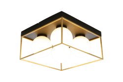 Astro 28cm Svart plafond från Aneta Lighting - Astro taklampa i svartlackerad metall med 4 opalvita glaskupor inramade i gulddetaljer p&aring; en svart takplatta.