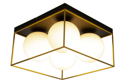 Astro 36cm Svart plafond från Aneta Lighting - Astro taklampa i svartlackerad metall med 4 opalvita glaskupor inramade i gulddetaljer p&aring; en svart takplatta.
