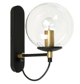 Perla 1 Svart/mässing vägglampa från Hallbergs - Ljusk&auml;llan omfamnas av den runda klara glaskupan vilket skapar en fin ljusspridning i rummet.