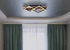 Obrien 47cm Trä plafond från Globo Lighting - Takf&auml;stet som efterliknar akustikpanel i kombination med de mattsvarta detaljerna i metall bidrar med industriell k&auml;nsla till rummet.