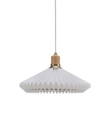 Paris Ø40 Vit taklampa från Halo Design - Med en vit veckad sk&auml;rm tillverkad av PVC, en dekorativ topp av ek och detaljer i antikm&auml;ssing, skapar Paris en stilfull balans mellan mjuka och robusta element.