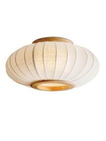 Balloon Ø40 Krämvit plafond från Halo Design - Den rundade, n&aring;got platta sk&auml;rmen i kr&auml;mvit, linneliknande textil kompletteras av dekorativa detaljer i massivt tr&auml; som ger lampan ett varmt och harmoniskt uttryck.