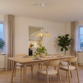 Binacua Ø60 Beige taklampa från Eglo - Textilen ger lampan ett mjukt och ombonat uttryck samtidigt som blomformen blir ett lekfullt inslag i rummet.