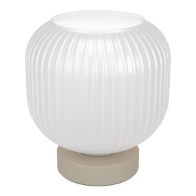 Dasmina 22cm Vit/sand bordslampa från Eglo - Dasmina har en rundad kupa i vitt, ribbat glas som kombineras med en lampfot i sandf&auml;rgad metall.