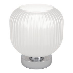 Dasmina 22cm Vit/krom bordslampa från Eglo - Dasmina har en rundad kupa i vitt, ribbat glas som kombineras med en lampfot i kromf&auml;rgad metall.