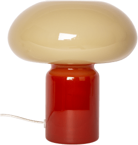 Glas 23cm Röd/beige bordslampa från Eja - Lampans fot i r&ouml;tt glas kombineras elegant med sk&auml;rmen i beige och skapar ett harmoniskt uttryck som passar i m&aring;nga olika milj&ouml;er.