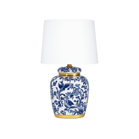 Blomsterlilla 30cm Blå bordslampa från Lampan - Vacker bordslampa med dekorativt bl&aring;tt och vitt m&ouml;nster p&aring; porslinbasen med m&auml;ssingdetaljer.