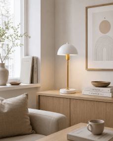 Dito 47cm Vit bordslampa från Nordic Lighting - Den vita sk&auml;rmen och naturvita marmorfoten skapar ett sofistikerat uttryck, medan st&aring;ngen i blank guldfinish tillf&ouml;r en varm och lyxig k&auml;nsla.