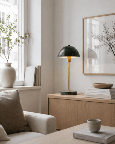 Dito 47cm Grön bordslampa från Nordic Lighting - Den gr&ouml;na sk&auml;rmen och marmorfoten skapar ett sofistikerat uttryck, medan st&aring;ngen i blank guldfinish tillf&ouml;r en varm och lyxig k&auml;nsla.