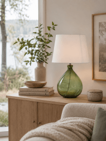 Tasso 55cm Grön bordslampa från Lampan - Tasso &auml;r en stilren och dekorativ bordslampa som kombinerar glas och textil p&aring; ett elegant s&auml;tt.
