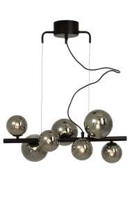 Molekyl 58cm Rökgrå från Aneta Lighting - MOLEKYL modern snygg taklampa i svart lackerad metall med 7 r&ouml;kf&auml;rgade glaskupor i tv&aring; olika storlekar.