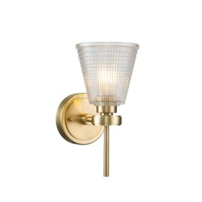 Gunnislake 13cm Borstad mässing badrumslampa från Elstead Lighting - Lampan &auml;r tillverkad i st&aring;l med finish i borstad m&auml;ssing och har en klar, strukturerad glassk&auml;rm som ger ett j&auml;mnt och bl&auml;ndfritt ljus.