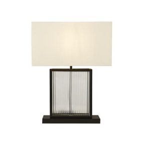 Clarendon 53cm Svart bordslampa från Searchlight - Den distinkta lampfoten i mattsvart metall och härdat glas ger ett kraftfullt uttryck, medan den offwhite sammetsskärmen tillför en mjuk kontrast och en känsla av lyx.