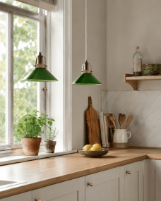 Mäster Ø20 Antikmässing/grön fönsterlampa från Lampan - Kupan i gr&ouml;nt glas ger ett j&auml;mnt och behagligt ljus som skapar en inbjudande k&auml;nsla i rummet.
