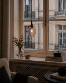 Elipzo Ø18 Rökfärgad fönsterlampa från Lampan - Den transparenta formen l&aring;ter ljusk&auml;llan bli en del av designen och ger lampan en dekorativ karakt&auml;r.
