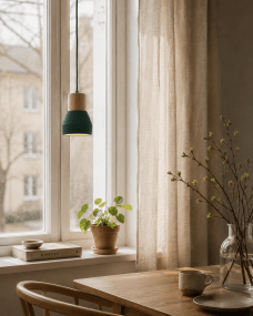 Pepe Ø13 Grön fönsterlampa från Nordic Lighting - Kombinationen av tr&auml; och betong ger ett robust och samtidigt varmt uttryck, medan den m&ouml;rkt gr&ouml;na, matta f&auml;rgen tillf&ouml;r en lugn och trendig k&auml;nsla.