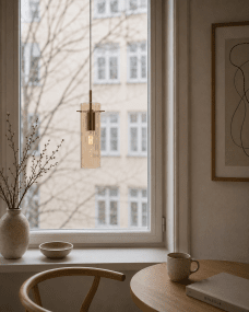 Cilinda Ø7 Mässing/amber fönsterlampa från Nordic Lighting - Det ambertonade glaset skapar en fin ljusspridning och i kombination med de antika m&auml;ssingdetaljerna blir det en snygg inredningsdetalj.