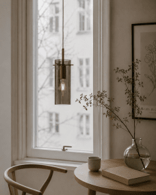 Cilinda Ø7 Mässing/rökfärgad fönsterlampa från Nordic Lighting - Det r&ouml;kf&auml;rgade glaset skapar en fin ljusspridning och i kombination med m&auml;ssingdetaljerna blir det en snygg inredningsdetalj.