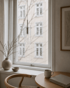 Cilinda Ø7 Krom/transparent fönsterlampa från Nordic Lighting - Det klara glaset skapar en fin ljusspridning och i kombination med metallen ikromfinish blir det en snygg inredningsdetalj.