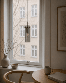 Cilinda Ø7 Krom/rökfärgad fönsterlampa från Nordic Lighting - Det r&ouml;kf&auml;rgade glaset skapar en fin ljusspridning och i kombination med kromdetaljerna blir det en snygg inredningsdetalj.