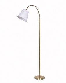 Uno Antikmässing golvlampa från Lampan - Den vita lampsk&auml;rmen i linne sprider ett mjukt och behagligt ljus och passar perfekt som l&auml;slampa vid soffan eller som st&auml;mningsbelysning i sovrummet.