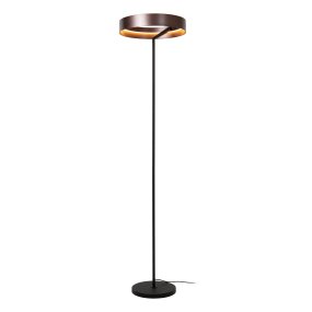 Leonard Brun golvlampa från Lucide - Den cirkelformade sk&auml;rmen har en elegant metallisk brun finish och en integrerad LED-list p&aring; insidan som sprider ett kraftfullt och behagligt ljus ned&aring;t.
