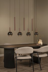 Jamsine 137cm Koppar taklampa från Lucide - De r&ouml;ktonade kuporna sprider ett varmt och behagligt ljus, medan de tre spotlightsen ger ett riktat och starkt ljus ned&aring;t.