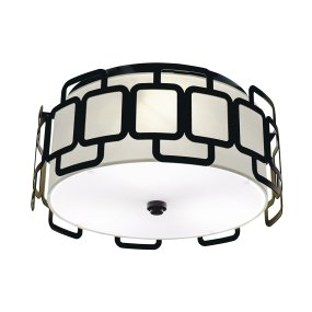 Sabina Ø38 Svart från Elstead Lighting - Den geometriska konstruktionen i svart stål skapar ett stilfullt mönster runt textilskärmen i off-white färg och ger lampan en modern karaktär.