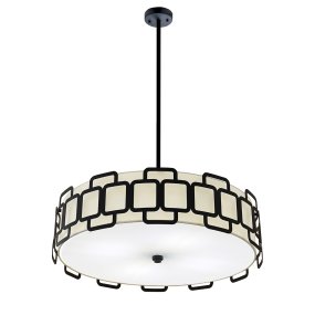 Sabina Ø57 Svart taklampa från Elstead Lighting - Den geometriska konstruktionen i svart st&aring;l skapar ett stilfullt m&ouml;nster runt textilsk&auml;rmen i off-white f&auml;rg och ger lampan en modern karakt&auml;r.