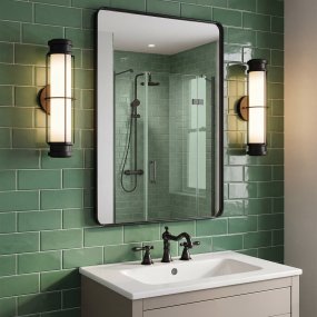 Saylor 43cm Svart badrumslampa från Elstead Lighting - Armaturen &auml;r tillverkad i metall med en mattsvart finish och har ett avl&aring;ngt opalglas som sprider ett j&auml;mnt och fint ljus.