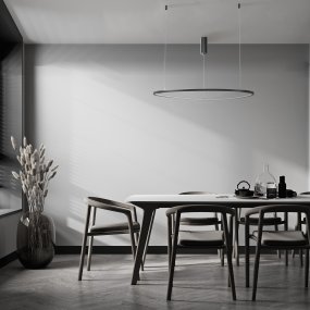 Glint Ø80 Svart taklampa från Maytoni - Den smala, cirkul&auml;ra ramen i svart aluminum h&auml;nger elegant fr&aring;n tunna vajrar och ger ett sv&auml;vande intryck, vilket skapar en k&auml;nsla av l&auml;tthet och rymd i ditt hem.