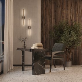 Renaissance 63cm Mässing vägglampa från Maytoni - Lampan har en marmorbakgrund i svart och gr&aring;tt, och metallskenorna i m&auml;ssing d&ouml;ljer subtilt ljusdiffusorer.