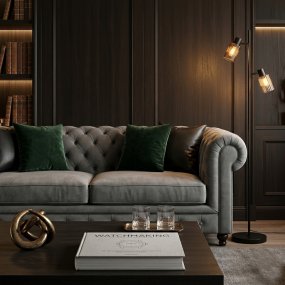 Kiera 2 Svart/amber golvlampa från Cottex - Den mattsvarta metallstommen bildar en stilren kontrast mot det amberf&auml;rgade glaset och g&ouml;r Kiera till ett dekorativt inslag i rummet.