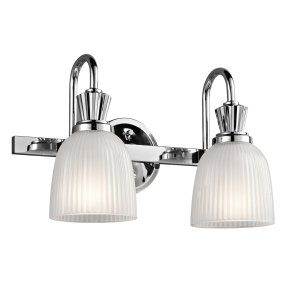 Cora 40cm Polerad krom badrumslampa från Elstead Lighting - De klockformade glasen med ribbade detaljer och etsad insida sv&auml;var vackert p&aring; den polerade stommen i kromfinish vilket skapar en sofistikerad och stilfull ljusk&auml;lla f&ouml;r badrumsmilj&ouml;er.