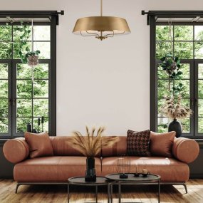 Luella Ø56 Borstad mässing taklampa från Elstead Lighting - Med den medf&ouml;ljande st&aring;ngen kan Luella enkelt omvandlas fr&aring;n en plafond till en pendellampa.