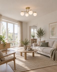 Globi 4 Ø65 Borstad mässing/vit plafond från Nordic Lighting - Metallstommen i borstad m&auml;ssingfinish skapar en elegant kontrast mot de fyra runda kuporna i opalglas, som sprider ljuset j&auml;mnt i rummet utan att bl&auml;nda.