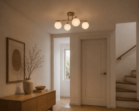 Globi 4 Ø65 Borstad mässing/vit plafond från Nordic Lighting - Metallstommen i borstad m&auml;ssingfinish skapar en elegant kontrast mot de fyra runda kuporna i opalglas, som sprider ljuset j&auml;mnt i rummet utan att bl&auml;nda.